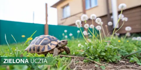 Żółw wodno-lądowy spaceruje po trawie wśród dmuchawców.